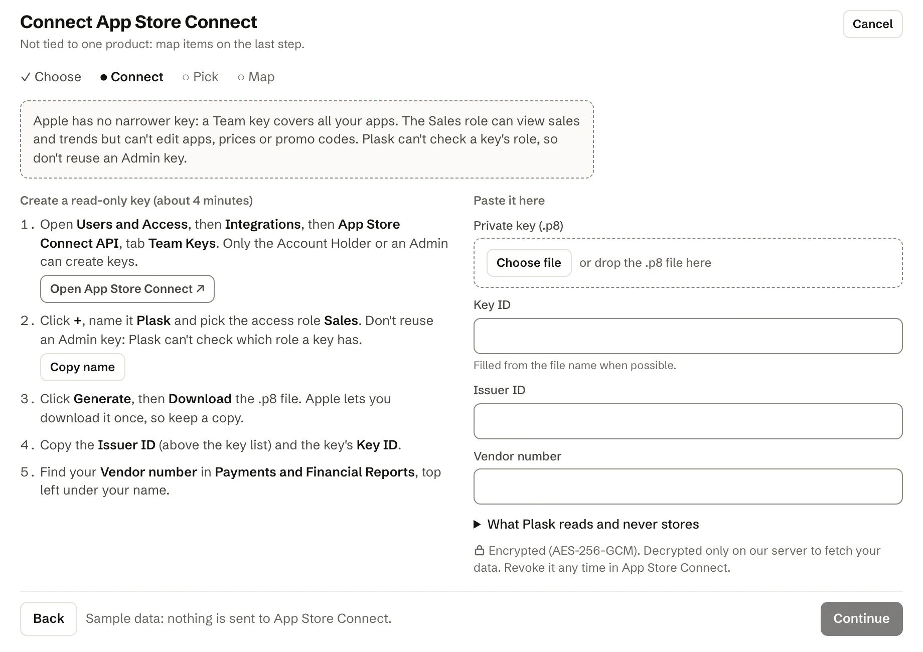 The Connect App Store Connect step of Plask's add-source wizard: instructions for creating a read-only Team key with the Sales role, and empty fields for the private key file, Key ID, Issuer ID and Vendor number.