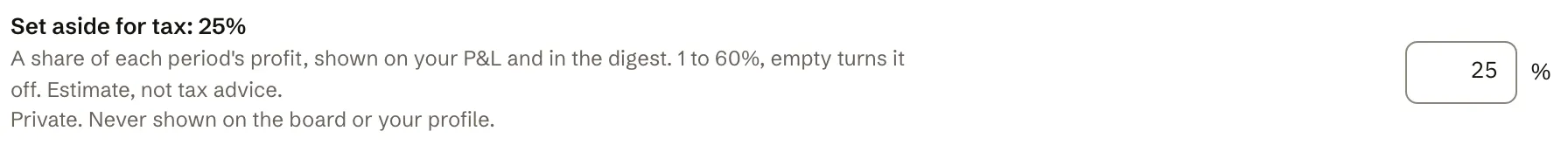 Plask Settings showing the Set aside for tax setting at 25 percent of profit, private, with a percentage field